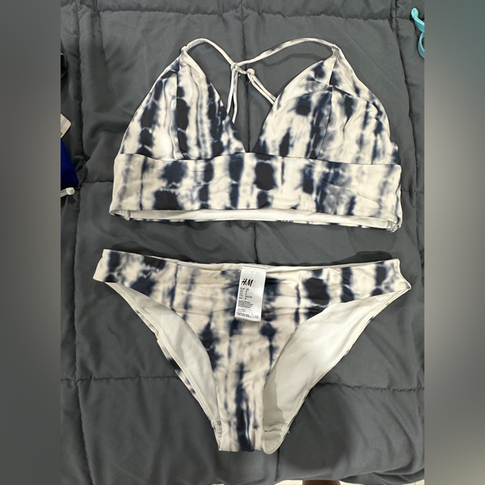 Blue and white tie dye two piece bikini bathing suit